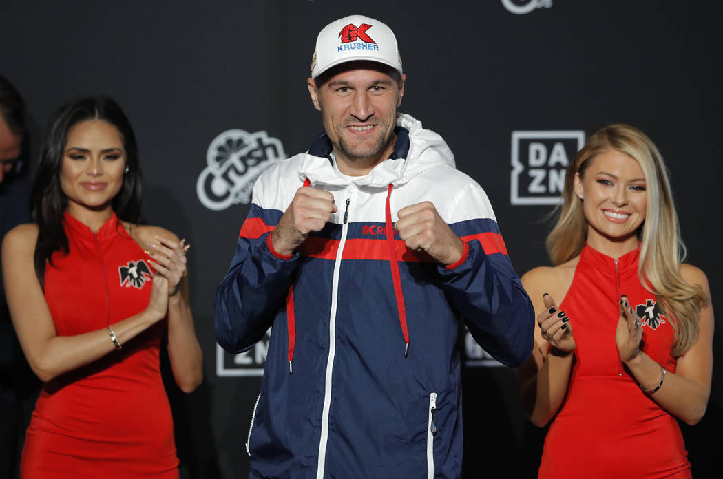 Sergey Kovalev poses for photographers during a ceremonial arrival for an upcoming boxing match ...