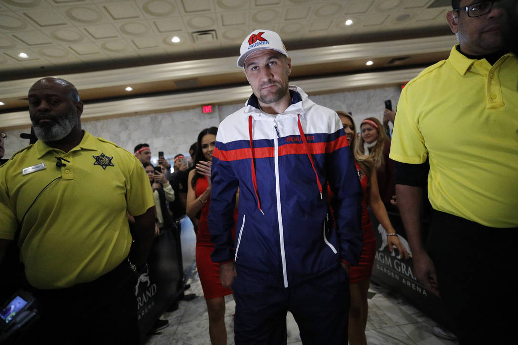 Sergey Kovalev walks through the crowd during a ceremonial arrival for an upcoming boxing match ...