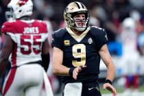 New Orleans Saints quarterback Drew Brees (9) reacts in the first half of an NFL football game ...