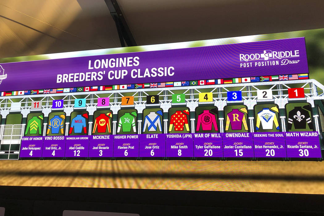 The field for the $6 million Breeders' Cup Classic at Santa Anita Park is displayed on a video ...