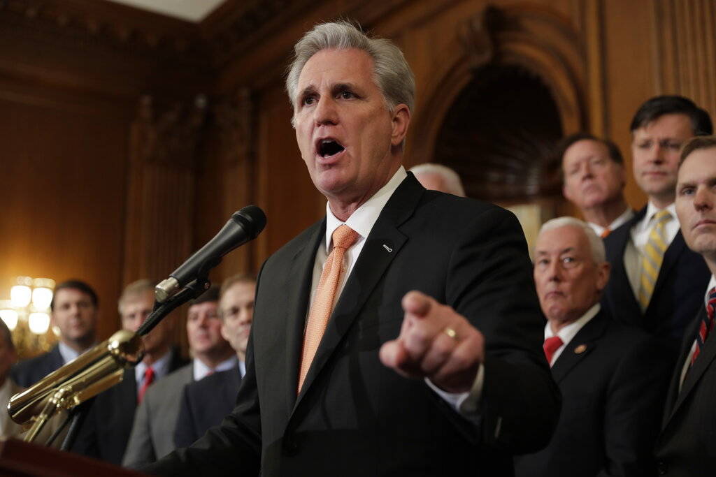 House Minority Leader Kevin McCarthy of Calif., speaks during a news conference with other Repu ...