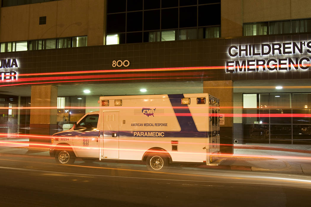 An American Medical Response ambulance is shown outside University Medical Center Trauma Center ...