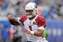 In this Oct. 20, 2019, file photo, Arizona Cardinals quarterback Kyler Murray is shown during t ...