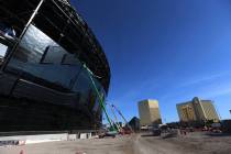 Installed glass on the east side of the Raiders Allegiant Stadium in Las Vegas, Thursday, Oct. ...