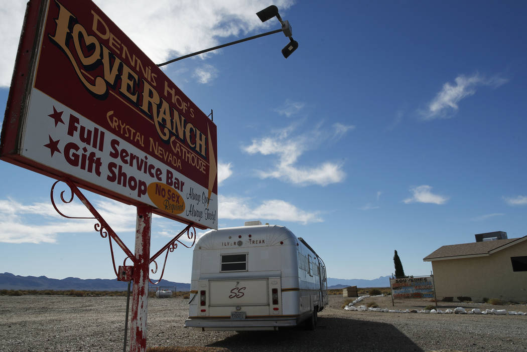 File - In this Oct. 16, 2018, file photo, a sign advertises the Love Ranch brothel in Pahrump, ...