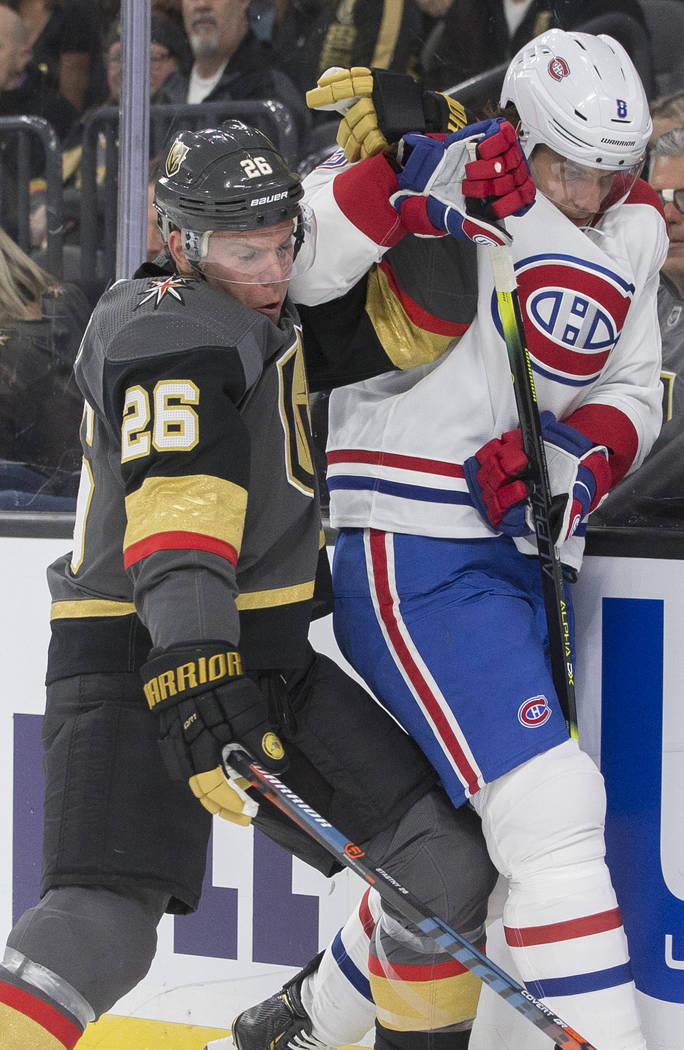 Vegas Golden Knights center Paul Stastny (26) checks Montreal Canadiens defenseman Ben Chiarot ...