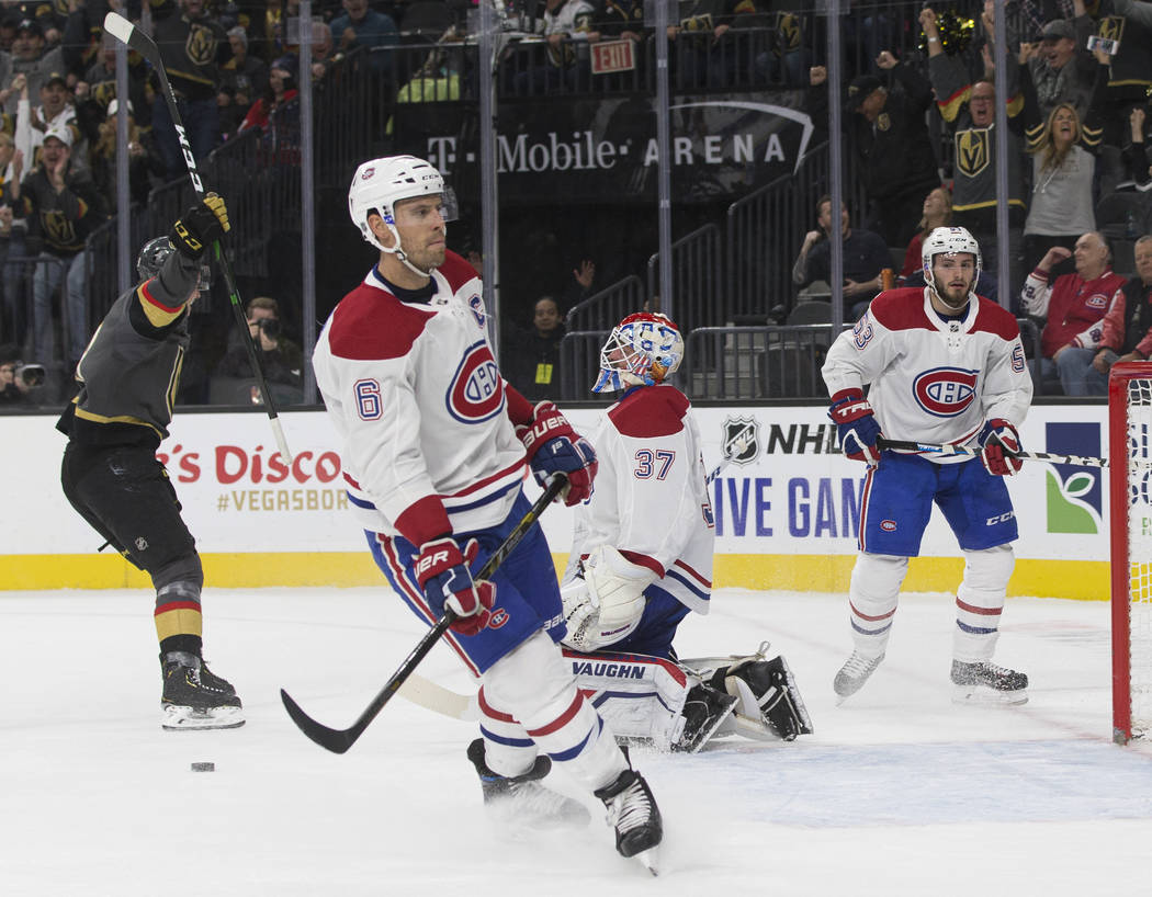 Montreal Canadiens goaltender Keith Kinkaid (37) gives up a first period goal to Vegas Golden ...