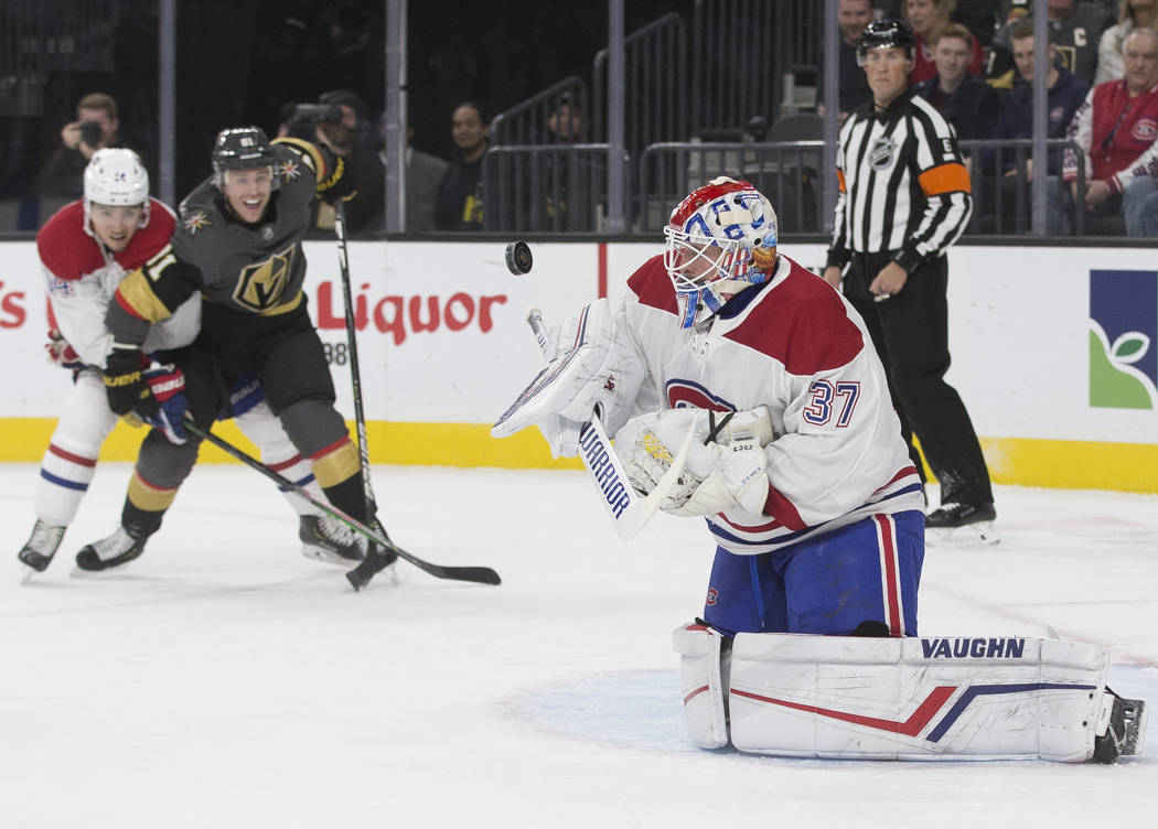 Montreal Canadiens goaltender Keith Kinkaid (37) makes a save against Vegas Golden Knights cent ...