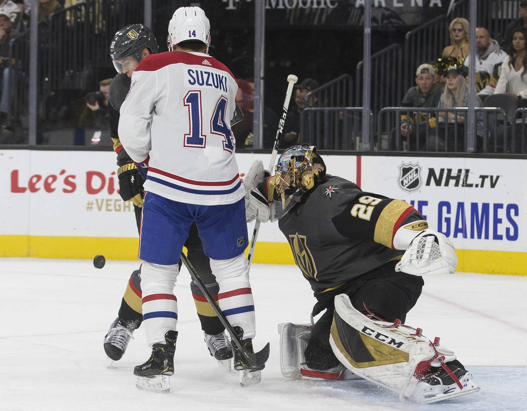 Vegas Golden Knights goaltender Marc-Andre Fleury (29) makes a save against Montreal Canadiens ...