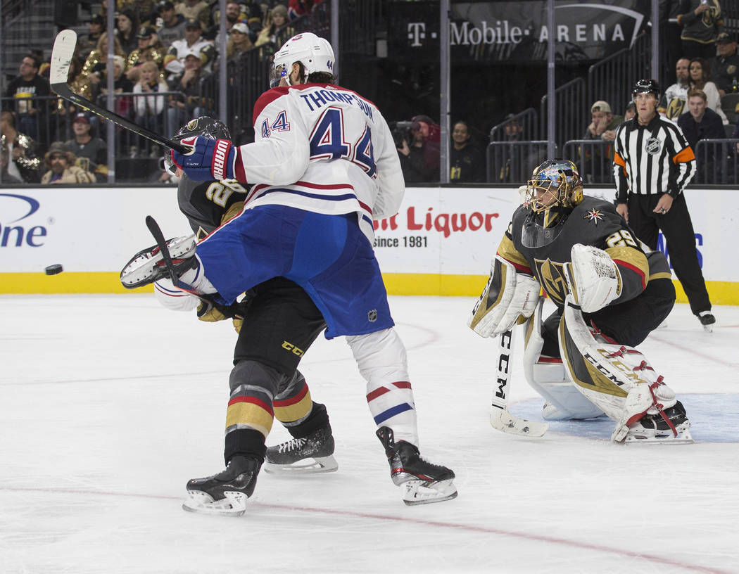Vegas Golden Knights center Paul Stastny (26) fights for possession of the puck with Montreal C ...