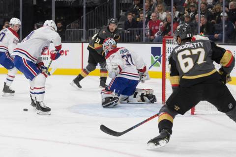 Vegas Golden Knights left wing Max Pacioretty (67) shoots on Montreal Canadiens goaltender Keit ...