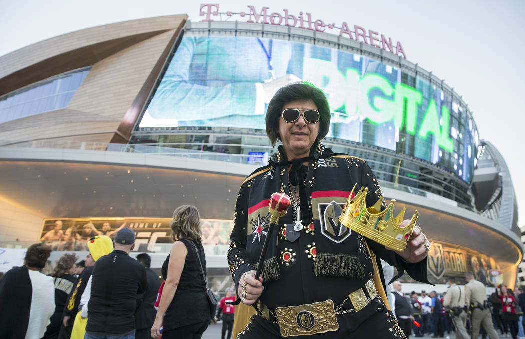 Jeff Stanulis in his Halloween outfit outside T-Mobile Arena before the start of the Golden Kni ...