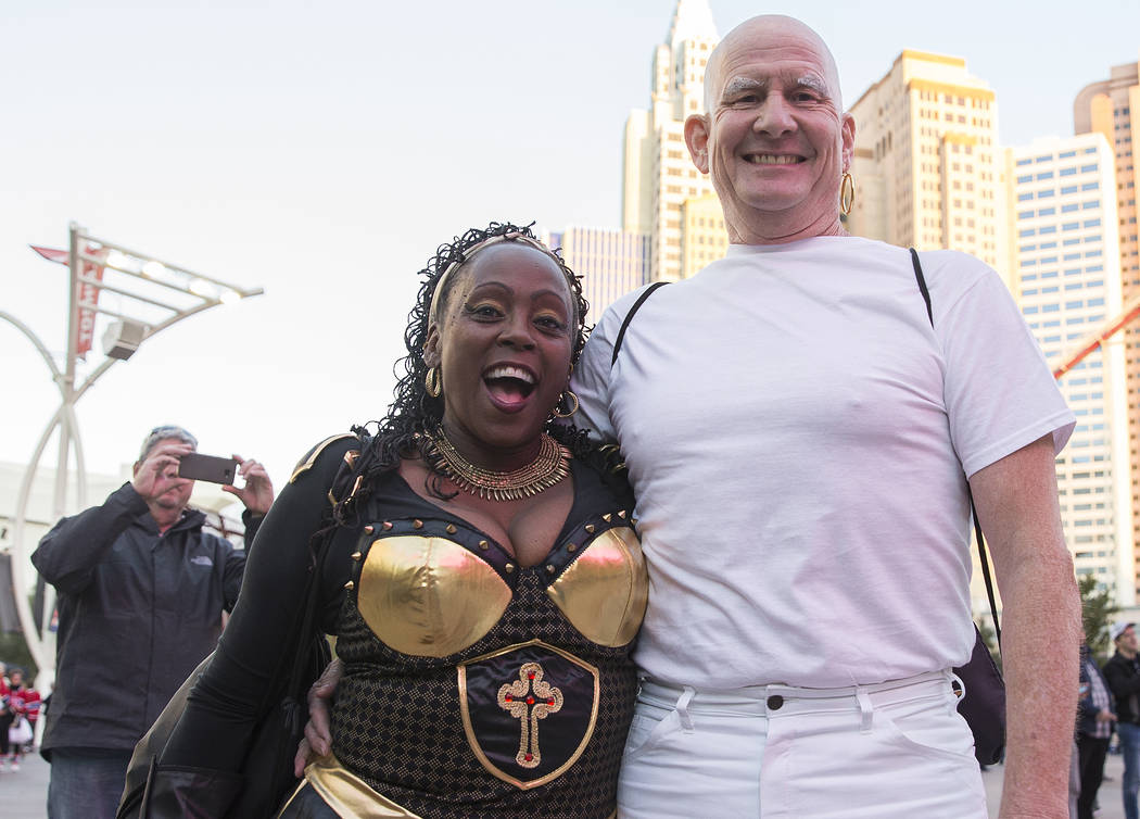 Jeff and Gail Larson in their Halloween outfits outside T-Mobile Arena before the start of the ...