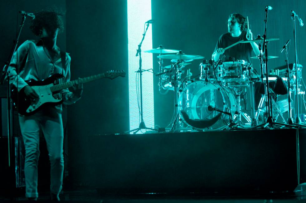 Matt Healy, left, and George Daniel of The 1975 perform at the Bayfront Park Amphitheater on We ...