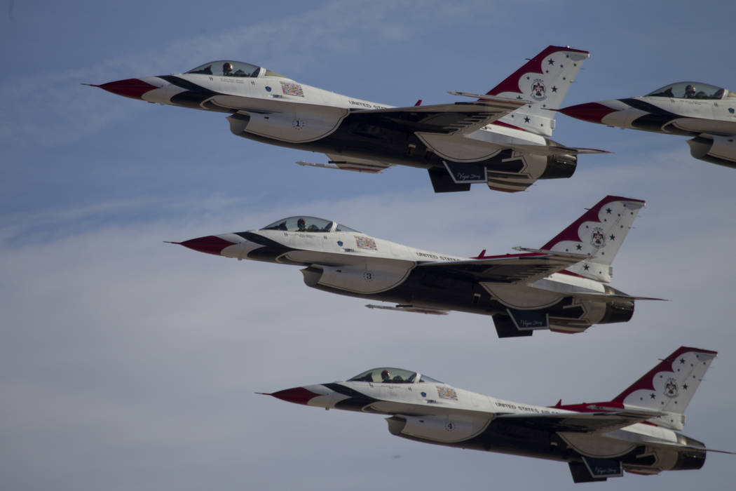 The Thunderbirds perform during Aviation Nation at Nellis Air Force Base in Las Vegas, Saturday ...