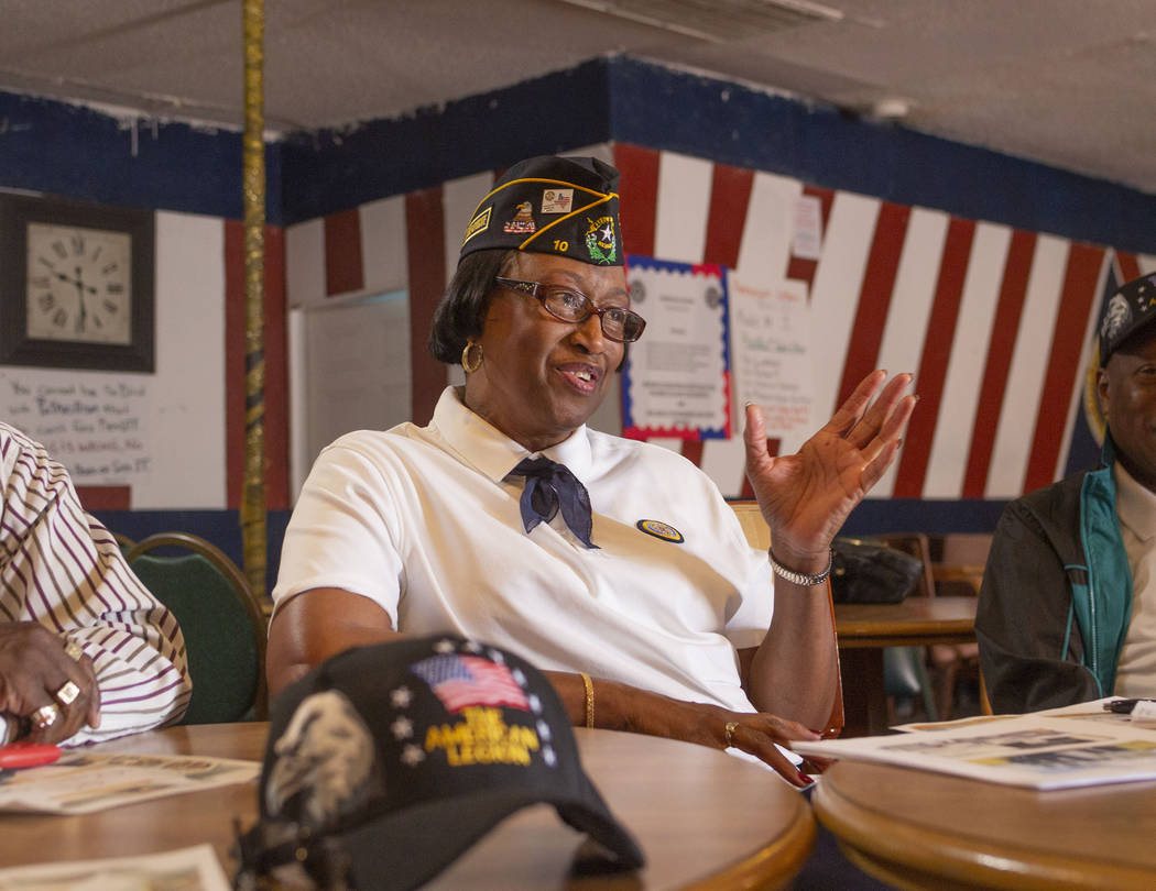 Army veteran and Post 10 Judge advocate Patricia Williams speaks during a meeting at American L ...