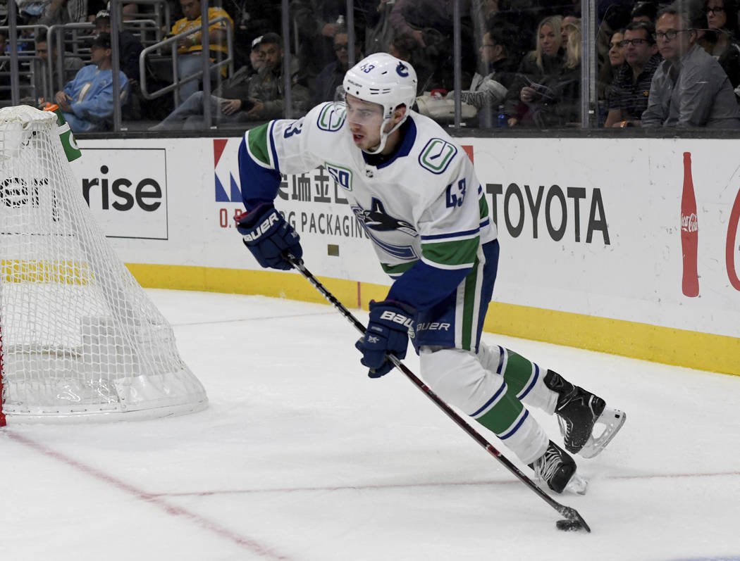 Vancouver Canucks defenseman Quinn Hughes in action against the Los Angeles Kings during an NHL ...