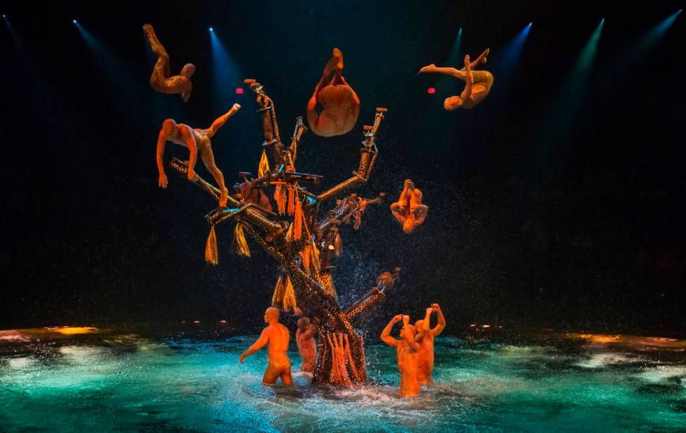 Performers leap into the 26.6-foot-deep pool from a large tree-like structure, which weighs 4,7 ...