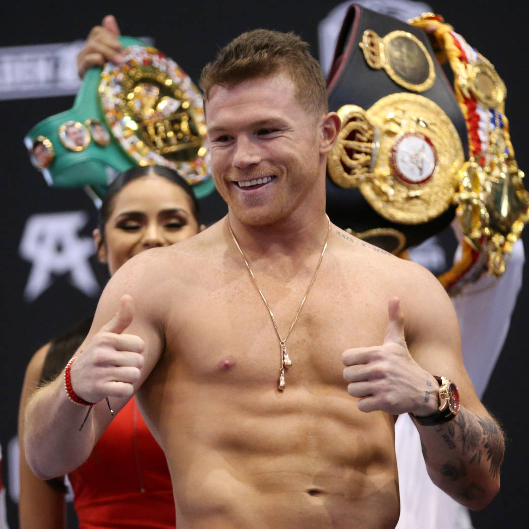 Saul "Canelo" Alvarez during a weigh-in event at the MGM Grand Garden Arena in Las Ve ...