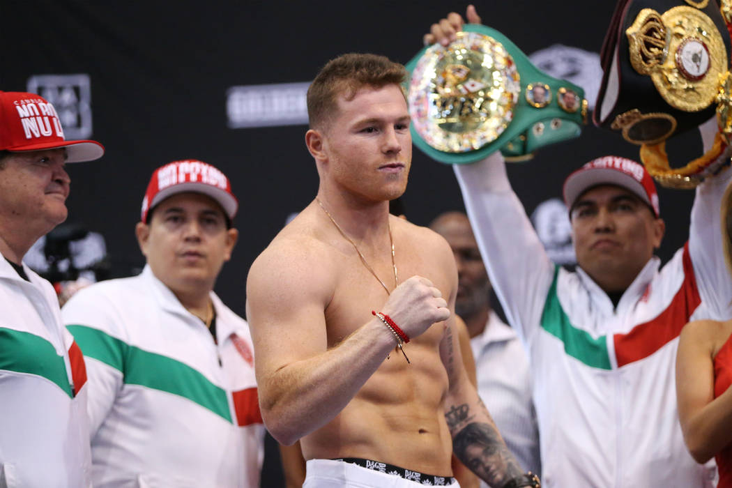 Saul "Canelo" Alvarez during a weigh-in event at the MGM Grand Garden Arena in Las Ve ...