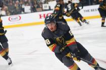 Golden Knights defenseman Nate Schmidt (88) skates on the ice during warmups before the start o ...