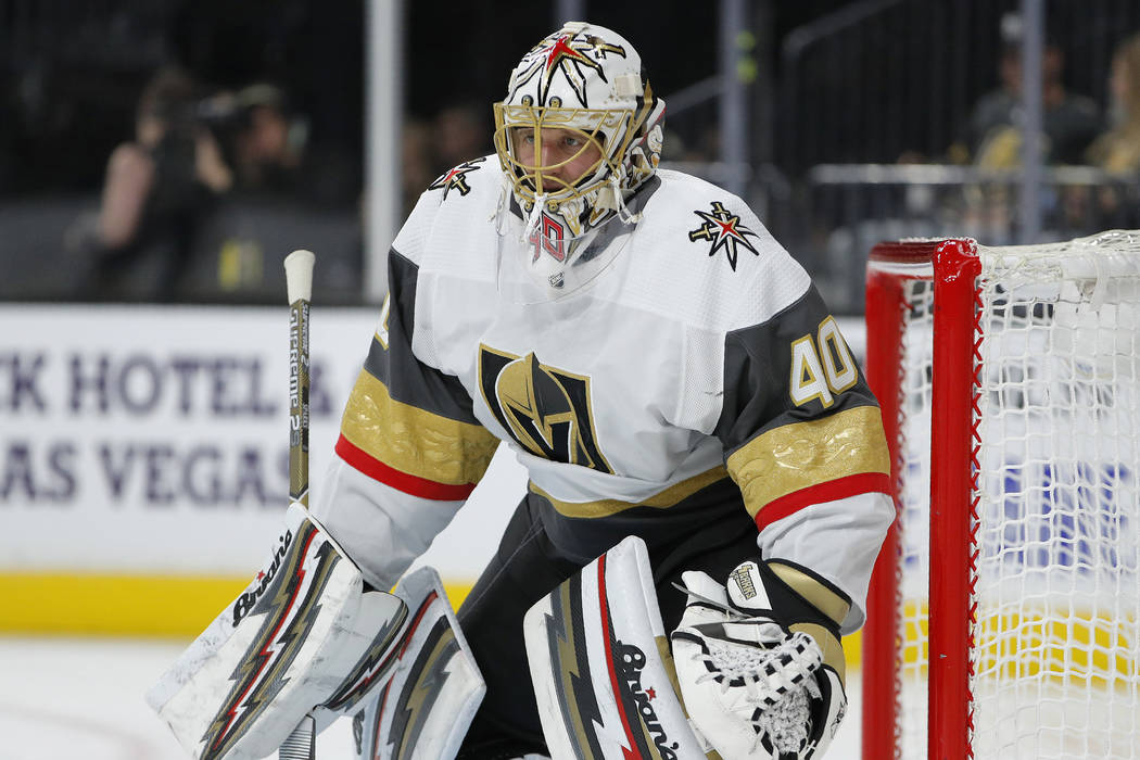 Vegas Golden Knights goaltender Garret Sparks (40) plays against the Colorado Avalanche during ...