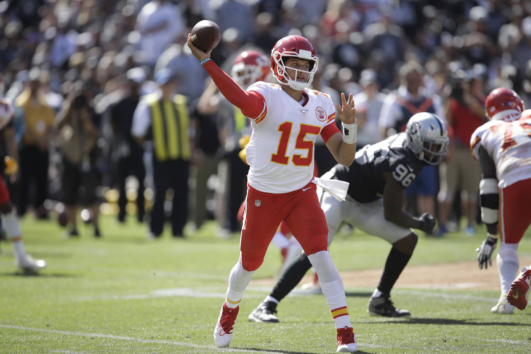 Kansas City Chiefs quarterback Patrick Mahomes during the second half of an NFL football game a ...