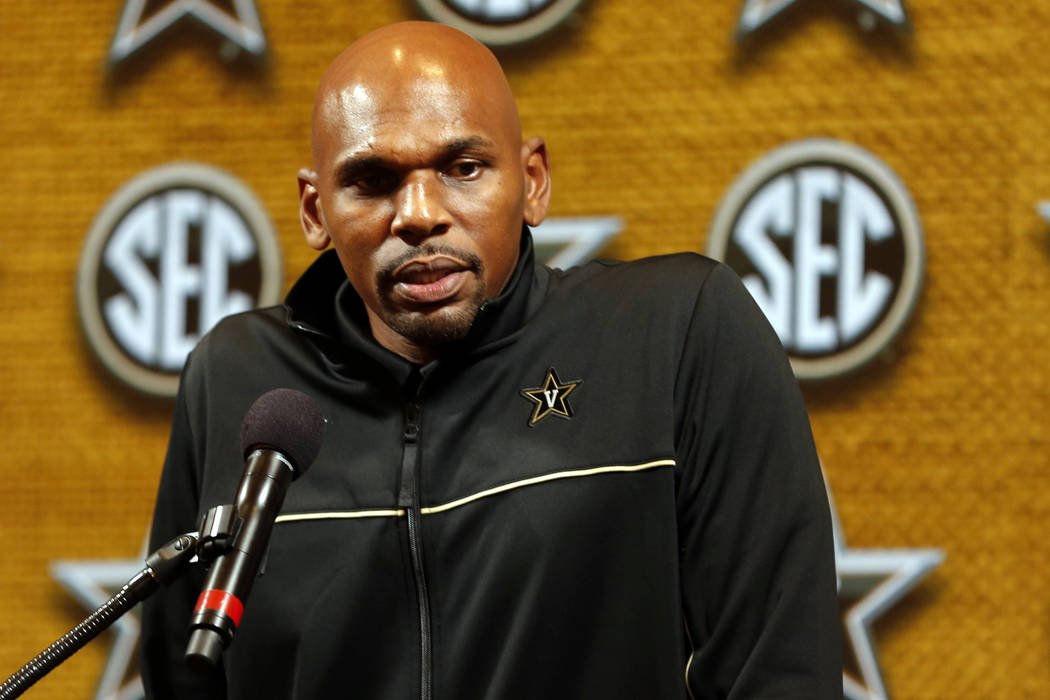 Vanderbilt head coach Jerry Stackhouse speaks during the Southeastern Conference NCAA college b ...