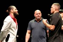 FILE - In this Sept. 19, 2019, file photo, Jorge Masvidal, left, squares off with Nate Diaz as ...