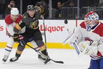 Montreal Canadiens goaltender Keith Kinkaid (37) makes a save against Vegas Golden Knights cent ...