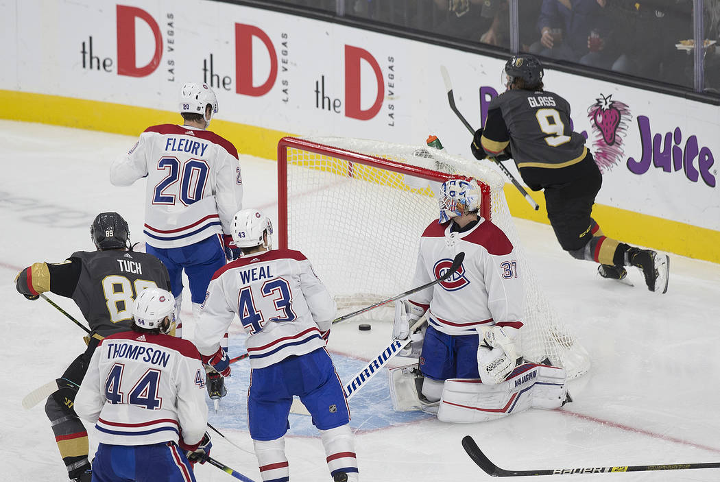 Vegas Golden Knights center Cody Glass (9) celebrates after scoring against Montreal Canadiens ...