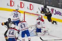 Vegas Golden Knights center Cody Glass (9) celebrates after scoring against Montreal Canadiens ...