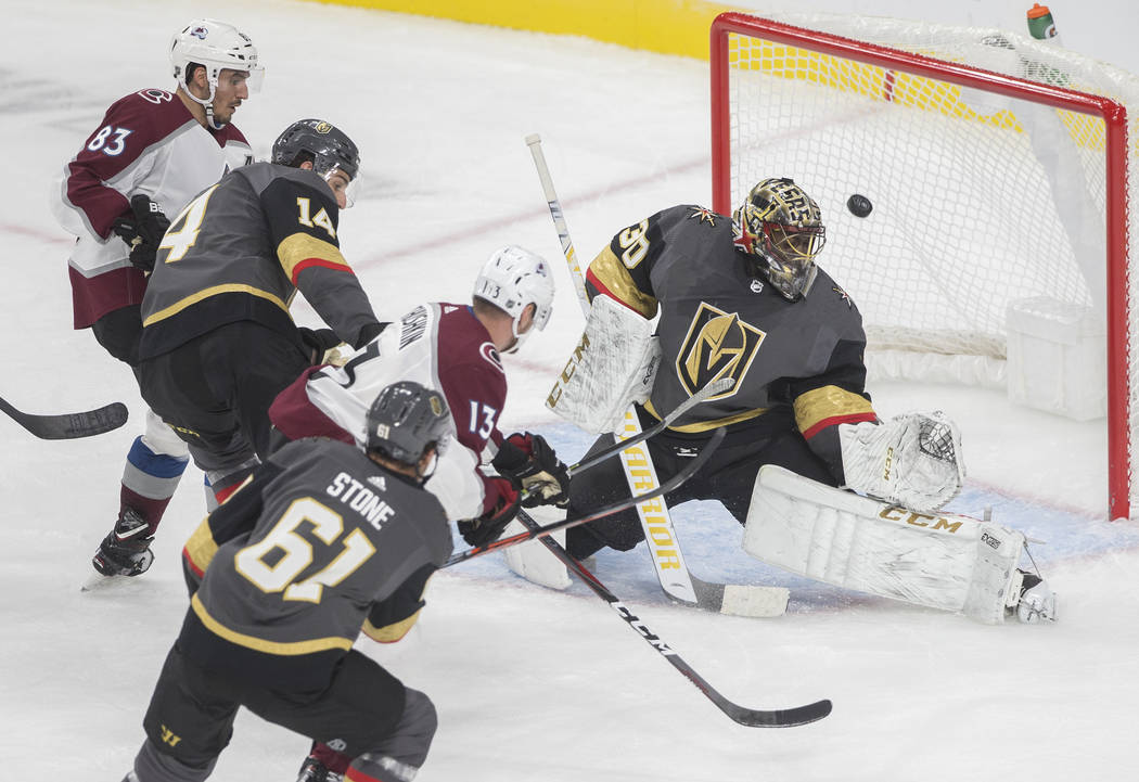 Vegas Golden Knights goaltender Malcolm Subban (30) makes a save against Colorado Avalanche rig ...