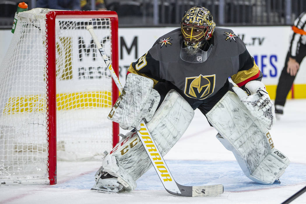 Vegas Golden Knights goaltender Malcolm Subban (30) looks to a wide shot by the Winnipeg Jets d ...