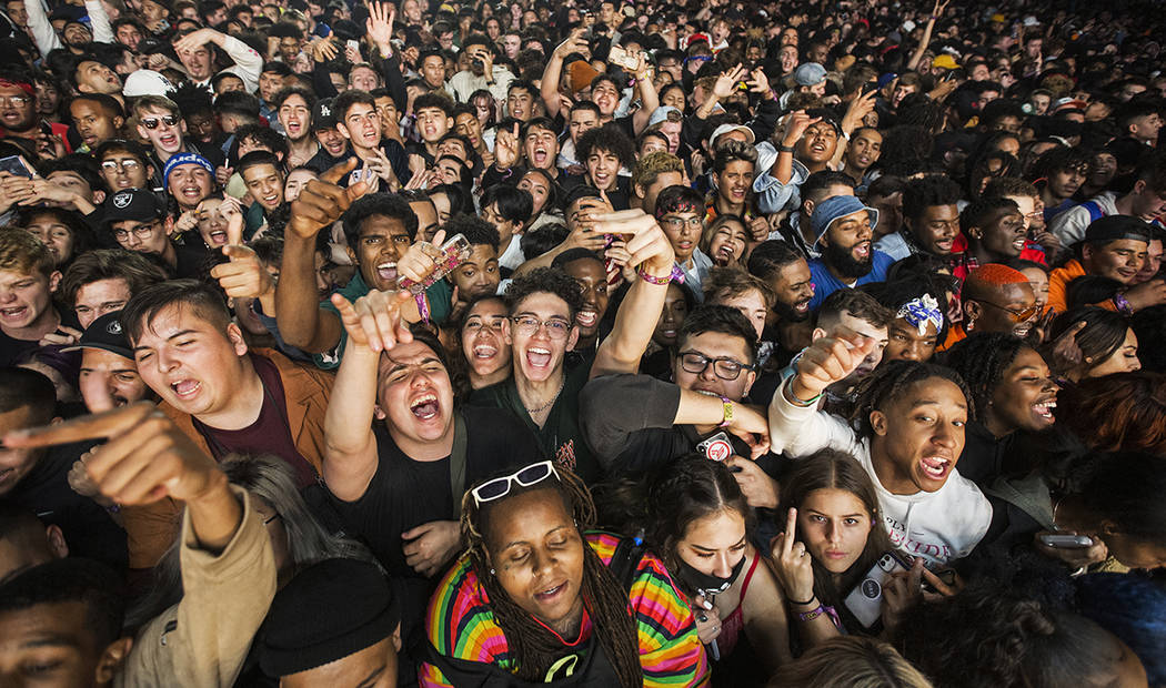 Fans cheer for Lil Uzi Vert on the Roll the Dice stage during the Day N Vegas music festival on ...