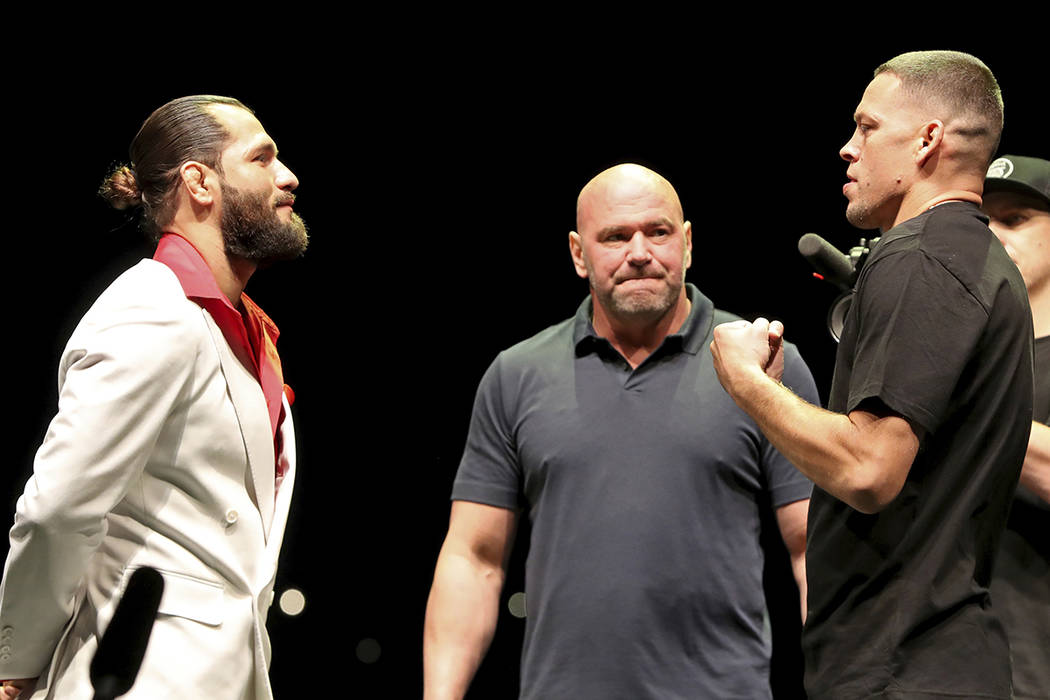 In this Sept. 19, 2019, file photo, Jorge Masvidal, left, squares off with Nate Diaz as UFC Pre ...