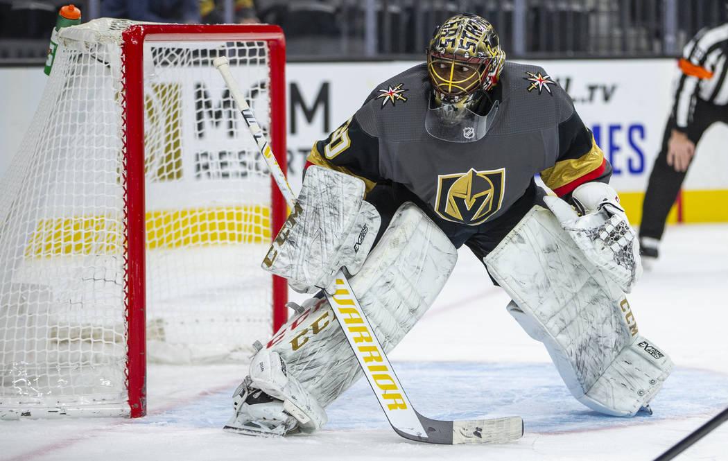 Vegas Golden Knights goaltender Malcolm Subban (30) looks to a wide shot by the Winnipeg Jets d ...