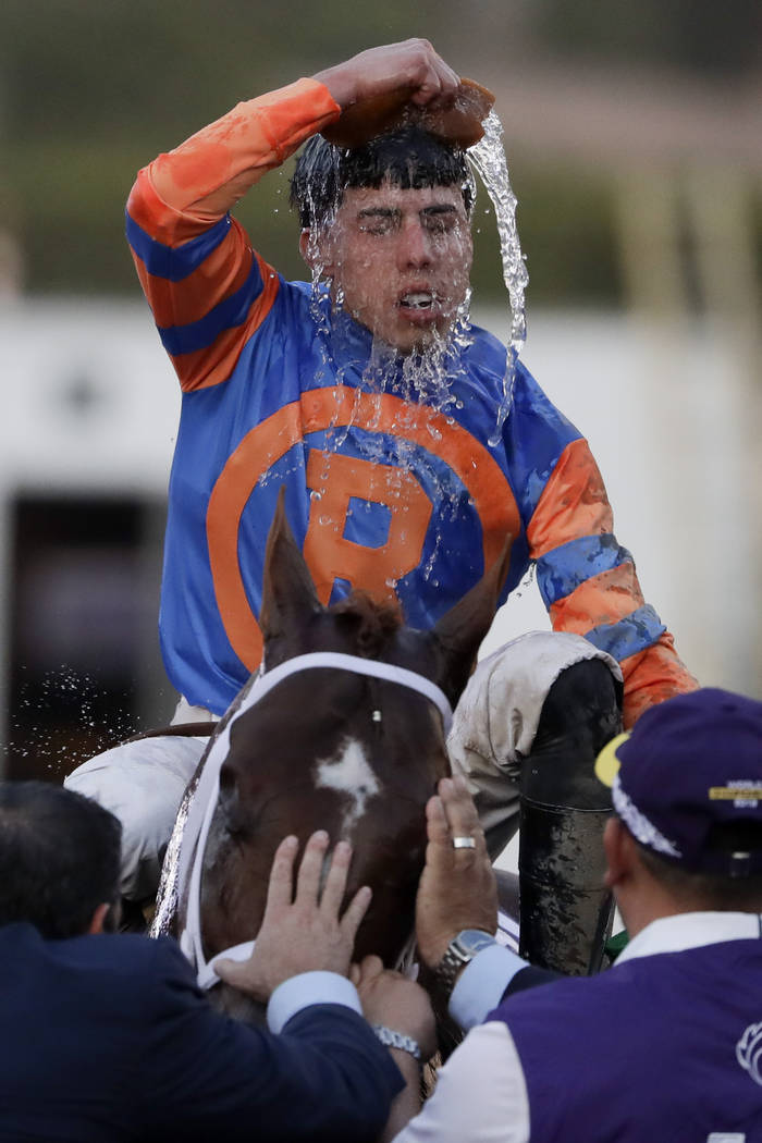 Irad Ortiz Jr. aboard Vino Rosso cools off after winning the Breeders' Cup Classic horse race a ...