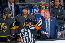 Vegas Golden Knights head coach Gerard Gallant protests a goal by the Winnipeg Jets after Vegas ...