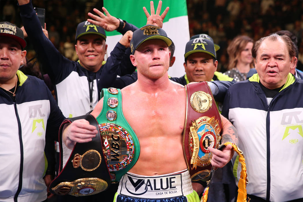 Saul “Canelo” Alvarez poses after his knockout win in the 11th round against Serg ...
