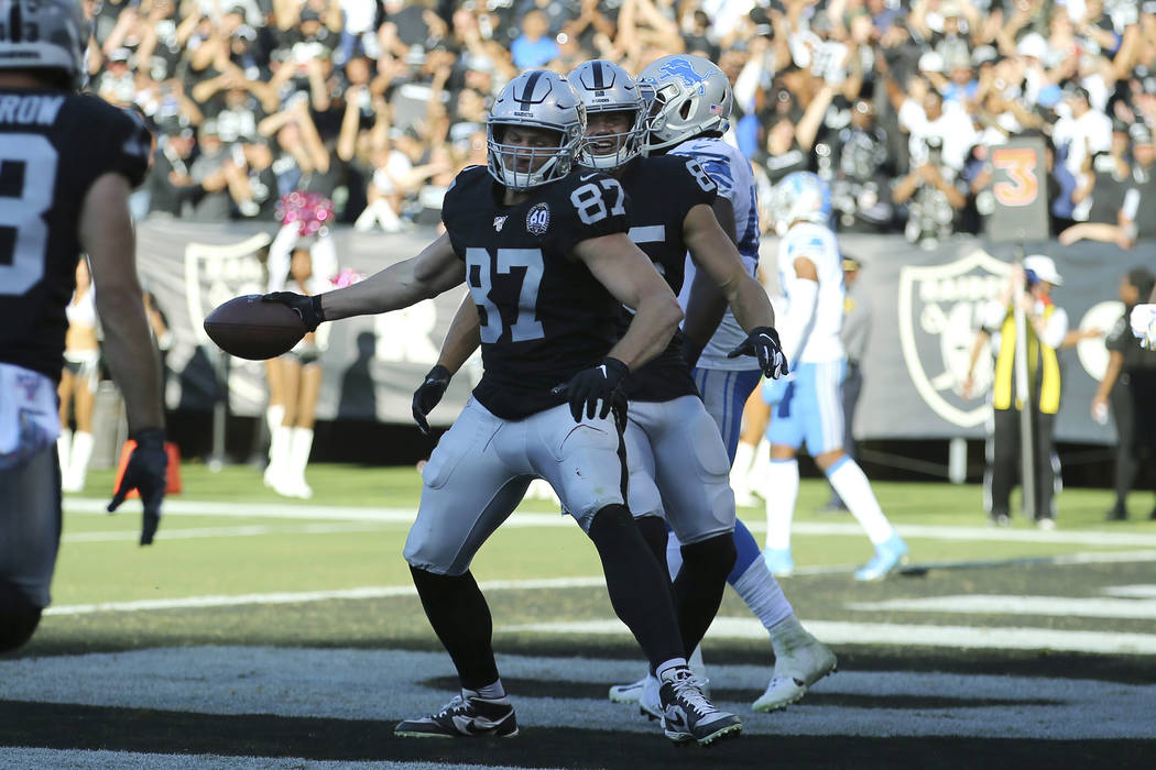 Oakland Raiders tight end Foster Moreau (87) celebrates after scoring against the Detroit Lions ...