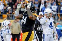 Pittsburgh Steelers defensive end Tyson Alualu (94) celebrates as the field goal attempt by Ind ...