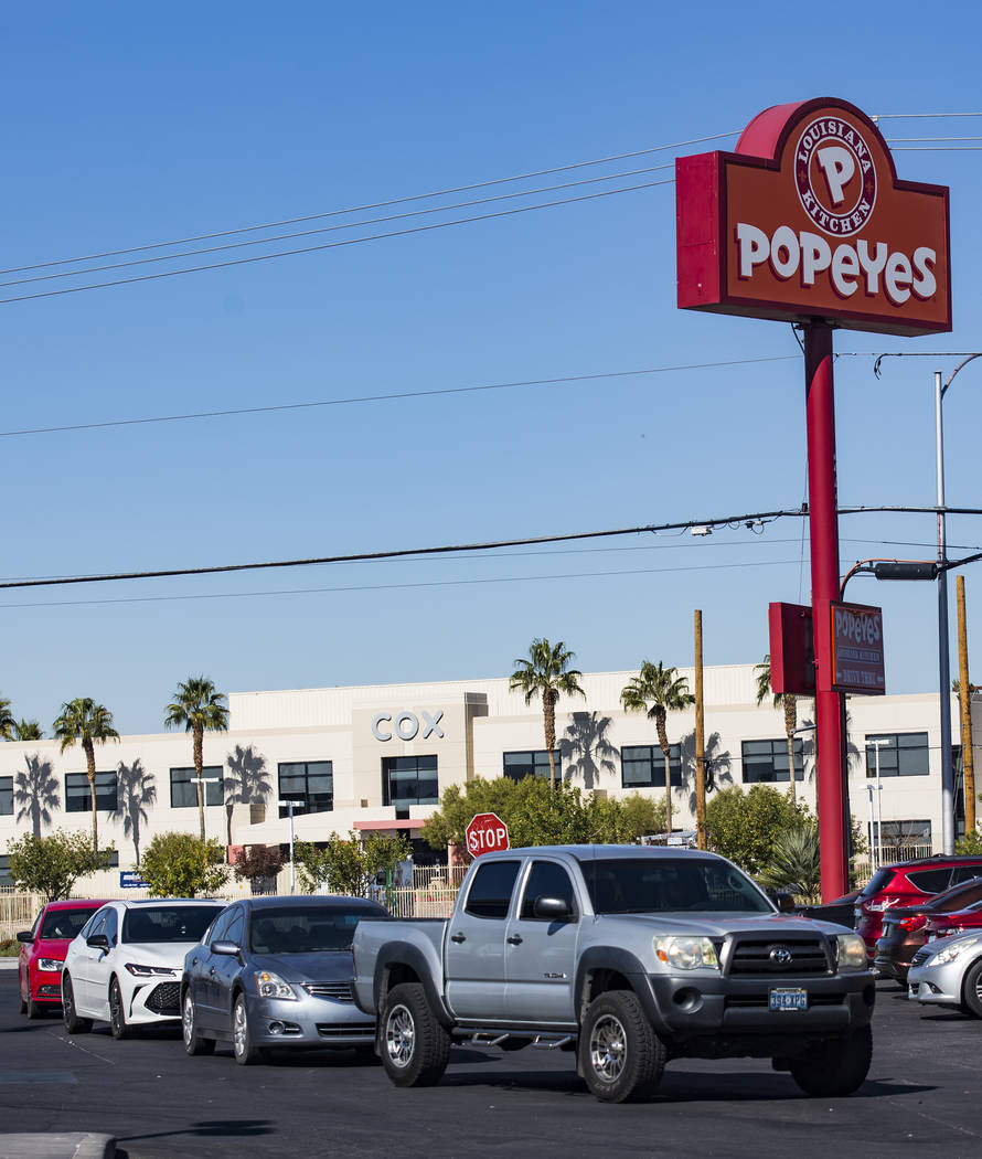 A long line of cars at the Popeyes on Bonanza Road in Las Vegas, Sunday, Nov. 3, 2019. Popeyes ...
