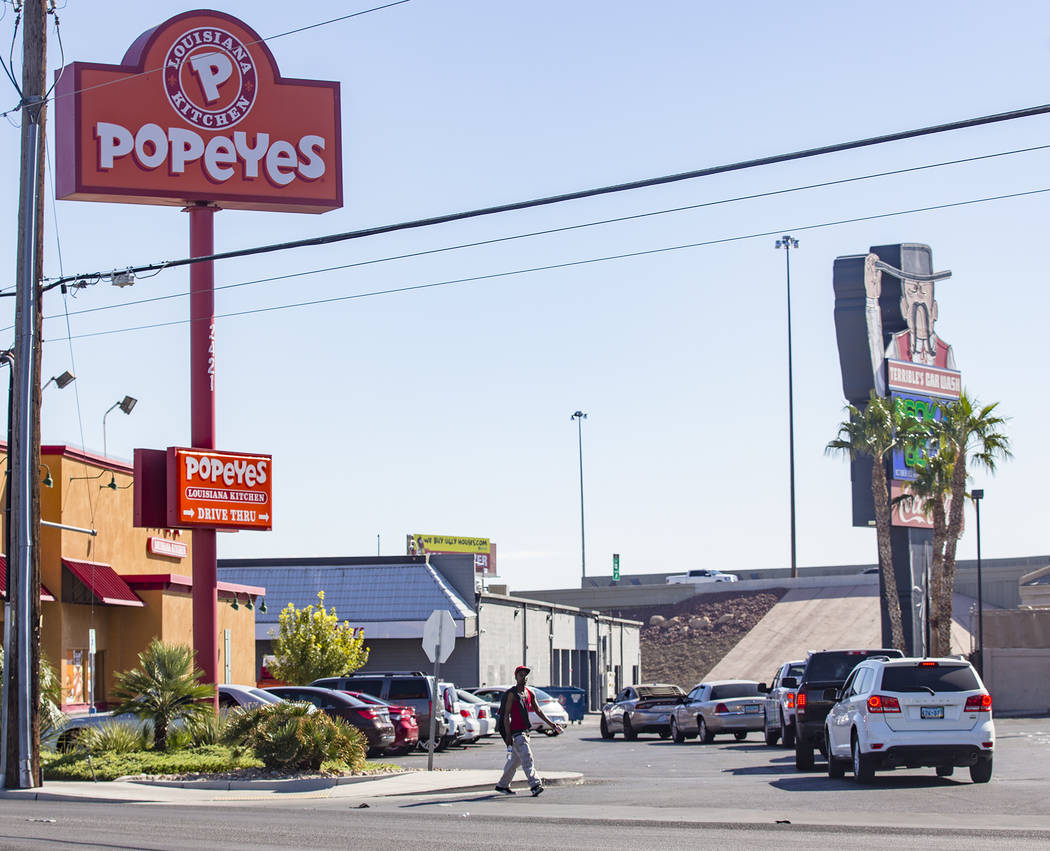 A long line of cars at the Popeyes on Bonanza Road in Las Vegas, Sunday, Nov. 3, 2019. Popeyes ...