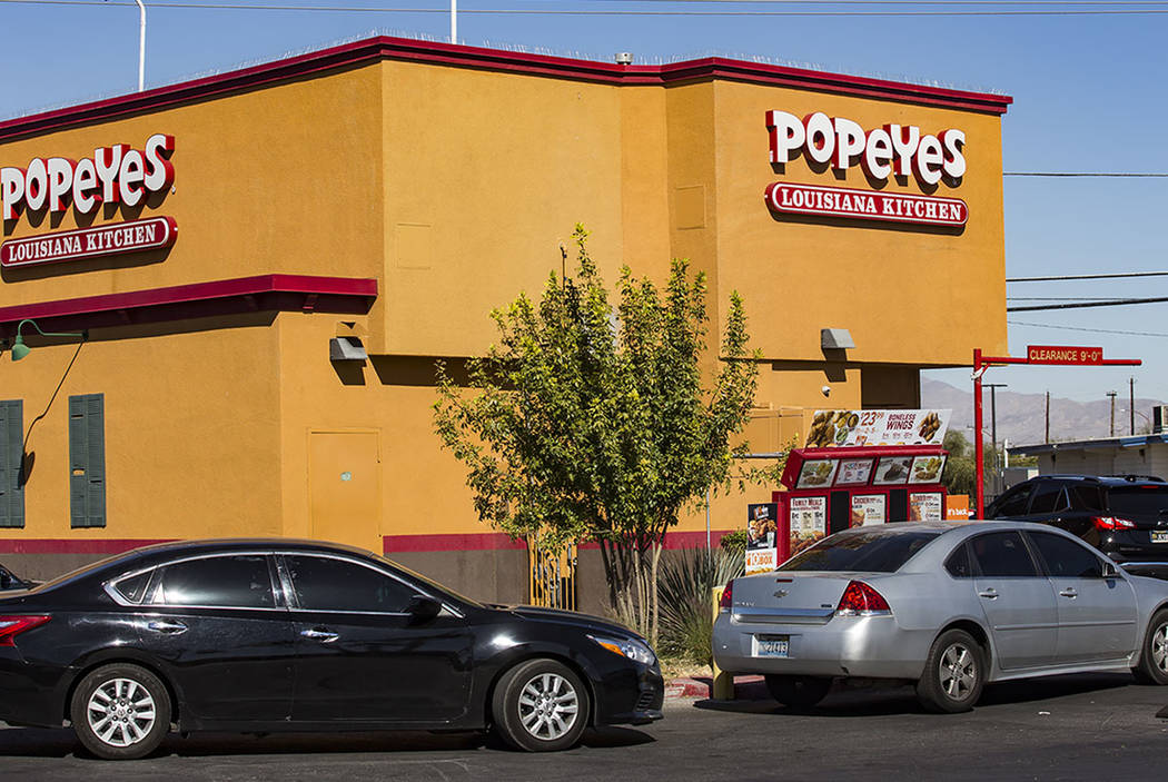 A long line of cars at the Popeyes on Bonanza Road in Las Vegas, Sunday, Nov. 3, 2019. Popeyes ...