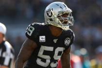 Oakland Raiders outside linebacker Tahir Whitehead (59) reacts after tackling Detroit Lions run ...