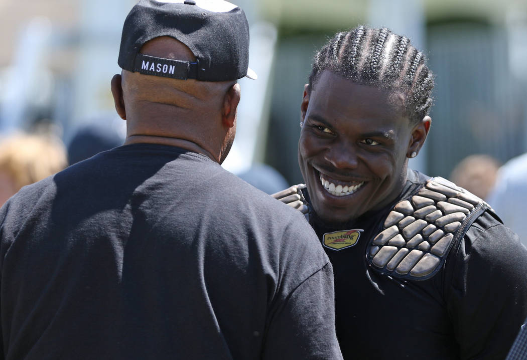 Oakland Raiders running back Jalen Richard after the NFL team's joint training camp practice ag ...