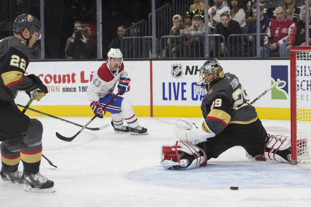 Vegas Golden Knights goaltender Marc-Andre Fleury (29) makes a save against Montreal Canadiens ...