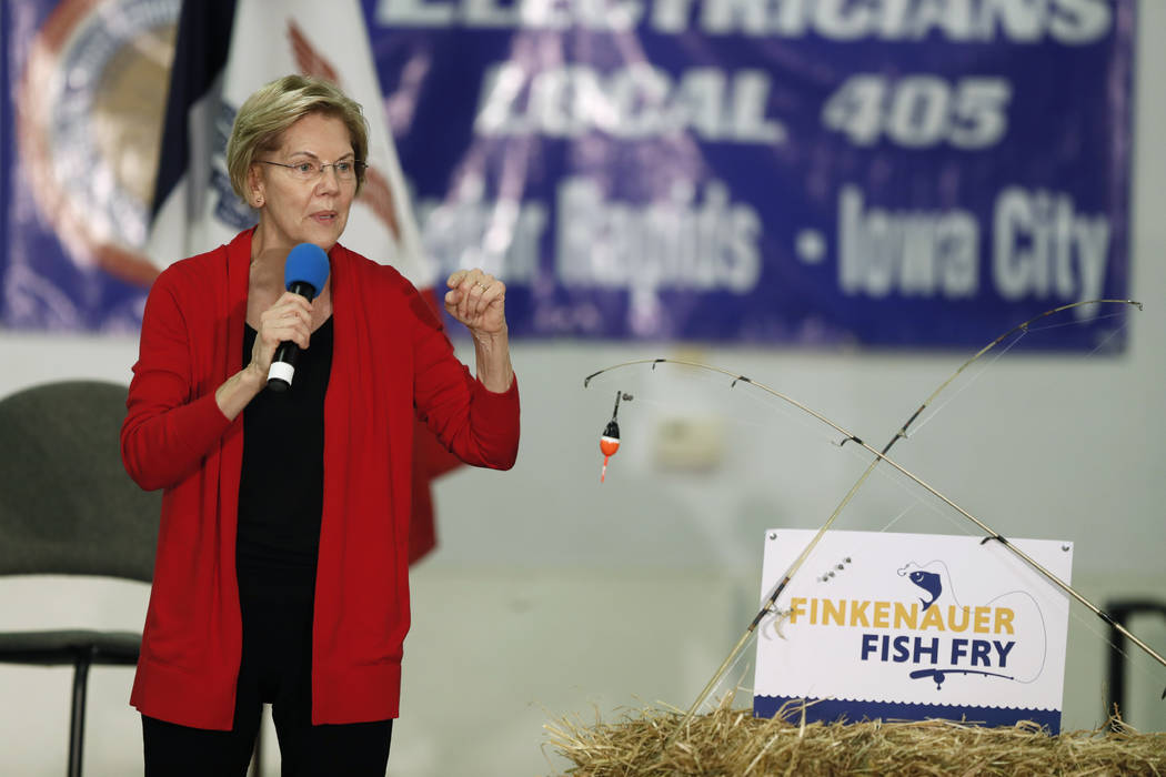 Democratic presidential candidate Sen. Elizabeth Warren speaks during a fund-raising fish fry f ...