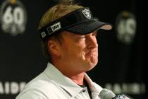 Oakland Raiders head coach Jon Gruden speaks at a news conference after an NFL football game ag ...